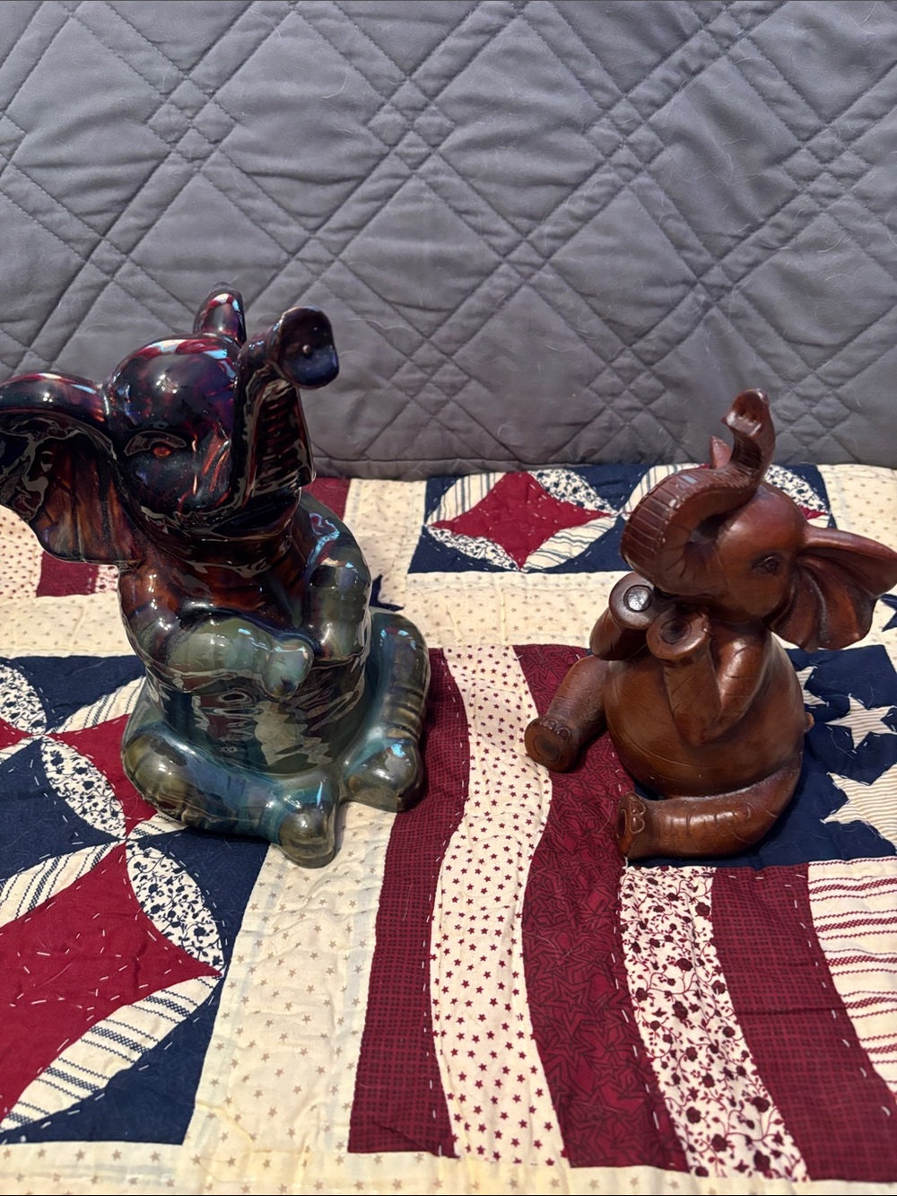 Pair of Decorative Elephant Figurines - Iridescent Multi & Warm Wood